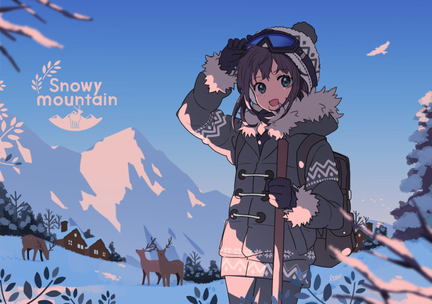 1girl aren_(fubuki-46) bangs beanie bird black_gloves cabin coat day deer fur-trimmed_hood fur-trimmed_jacket fur-trimmed_sleeves fur_trim gloves goggles goggles_on_head grey_coat hand_up hat hood hood_down jacket long_sleeves looking_at_viewer medium_hair mountain open_mouth original outdoors pom_pom_(clothes) ski_goggles smile snow solo tree turtleneck upper_body white_headwear winter winter_clothes