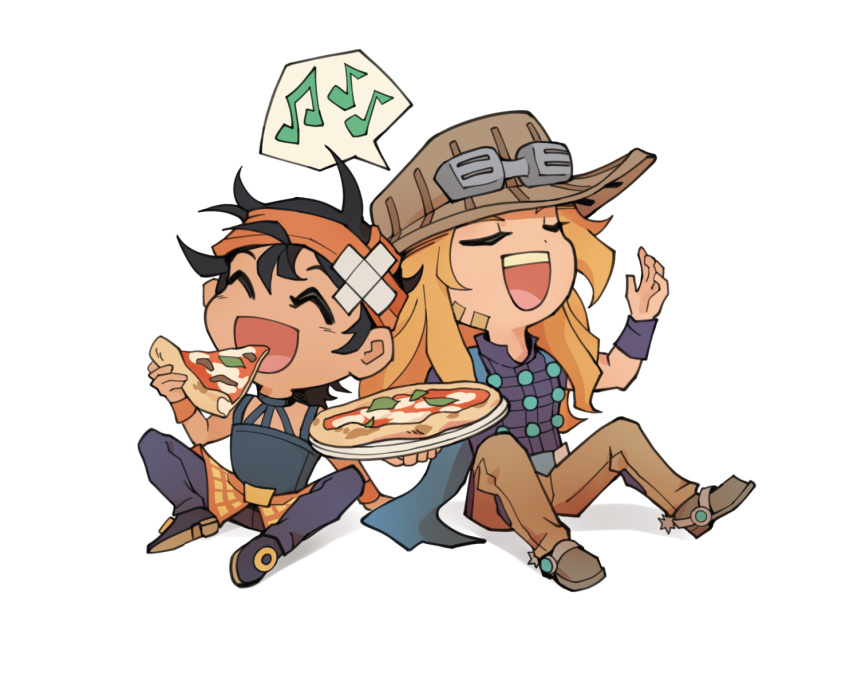 2boys ^_^ beard black_hair blonde_hair brown_hair closed_eyes crossed_bandaids eating facial_hair food gyro_zeppeli hat highres jojo_no_kimyou_na_bouken long_hair male_focus messy_hair multiple_boys music musical_note narancia_ghirga norue pizza pizza_slice singing spurs steel_ball_run vento_aureo