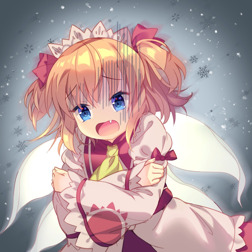 1girl amo_(shibu3) ascot bangs blonde_hair blue_eyes cold crossed_arms dress fairy_wings fang grey_background hair_ribbon highres long_sleeves medium_hair open_mouth red_ribbon ribbon snowflakes solo star_(symbol) star_in_eye sunny_milk symbol_in_eye touhou turn_pale two_side_up white_dress wide_sleeves wings yellow_ascot