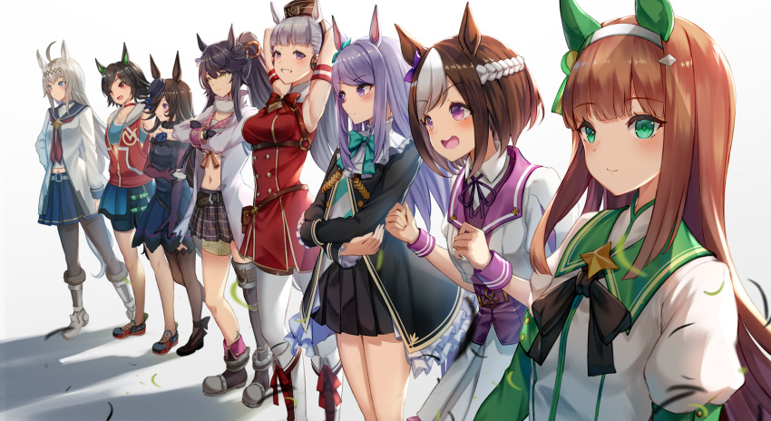 6+girls ahoge animal_ears aqua_bow black_dress black_footwear black_hair black_headwear black_jacket black_legwear black_skirt blue_eyes blue_flower blue_rose blue_sailor_collar blue_skirt blush bow braid brown_hair brown_headwear closed_mouth crossed_arms dress ear_bow ear_covers eyebrows_visible_through_hair flower french_braid gold_ship_(umamusume) green_eyes grin hair_between_eyes hair_over_one_eye hairband hat hat_flower highres horse_ears horse_girl jacket layered_sleeves light_purple_hair long_hair long_sleeves mejiro_mcqueen_(umamusume) multiple_girls narita_brian_(umamusume) neckerchief off-shoulder_dress off_shoulder oguri_cap_(umamusume) open_clothes open_jacket open_mouth orange_hair pantyhose pillbox_hat plaid plaid_skirt pleated_skirt ponytail puffy_short_sleeves puffy_sleeves purple_eyes red_eyes red_neckerchief rice_shower_(umamusume) rose round_teeth sailor_collar shadow shoes short_hair short_over_long_sleeves short_sleeves silence_suzuka_(umamusume) silver_hair skirt smile special_week_(umamusume) teeth thighhighs tilted_headwear umamusume upper_teeth white_background white_dress white_hair white_hairband white_legwear winning_ticket_(umamusume) yellow_eyes yu_ni_t