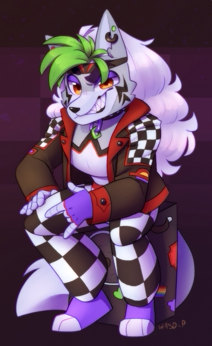 &lt;3 accessory animatronic anthro barefoot big_hair big_tail black_nose bottomwear canid canine canis checkered_bottomwear checkered_clothing checkered_topwear choker clothing collar crossgender eyebrows eyeshadow facial_markings feet fingerless_gloves five_nights_at_freddy's five_nights_at_freddy's:_security_breach ftm_crossgender fur gloves green_hair grey_body grey_fur hair handwear head_markings headband hi_res jacket jewelry long_hair machine makeup male mammal markings multicolored_body necklace orange_eyes paintwasd_(artist) pattern_bottomwear pattern_clothing pattern_topwear purple_eyeshadow rainbow_flag rainbow_symbol raised_eyebrow robot roxanne_wolf_(fnaf) scottgames sharp_teeth smile smirk solo speaker teeth topwear video_games wolf wolf_tail yellow_eyes