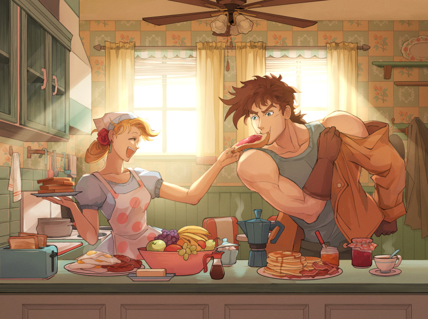 1boy 1girl ^_^ apron bacon bandana bare_shoulders battle_tendency blonde_hair blue_eyes brown_hair ceiling_fan closed_eyes couple dressing earrings egg feeding food food_in_mouth fruit_bowl gloves hair_bun highres husband_and_wife jacket jelly jewelry jojo_no_kimyou_na_bouken joseph_joestar joseph_joestar_(young) kitchen mouth_hold muscular muscular_male norue pancake polka_dot polka_dot_apron sausage suzi_q tank_top toast toast_in_mouth toaster