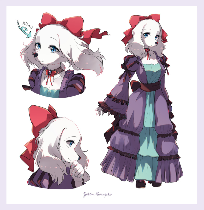 1girl :3 alternate_costume animal_ears animal_nose arrow_(symbol) artist_name back_bow blue_eyes body_fur border bow bowtie breasts brooch brown_choker brown_footwear chin_stroking choker closed_mouth collarbone commentary cropped_torso cross-laced_footwear dog_ears dog_girl dress english_commentary english_text fay_spaniel frilled_dress frilled_sleeves frills from_side full_body furry furry_female hair_bow hand_up happy highres jewelry juliet_sleeves long_sleeves looking_at_viewer medium_breasts medium_hair multiple_views nail_polish namagaki_yukina pink_nails profile puffy_sleeves purple_border purple_dress red_bow red_bowtie sapphire_(gemstone) sash shiny shiny_hair shoes sideways_mouth signature simple_background smile snout standing star_fox star_fox_2 upper_body white_background white_fur white_hair wide_sleeves wind