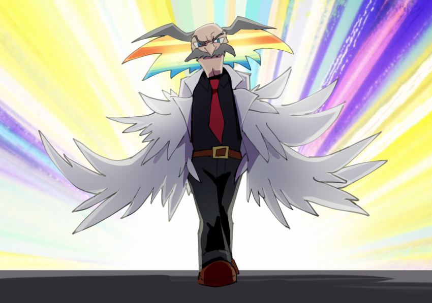 1boy bald black_pants blue_eyes colored_inner_hair derivative_work dr._wily_(mega_man) facial_hair feather_coat grey_hair highres kill_la_kill kiryuuin_ragyou labcoat look-alike male_focus mega_man_(classic) mega_man_(series) multicolored_hair mustache necktie norue old old_man pants pointy_nose rainbow_hair screencap_redraw solo white_hair