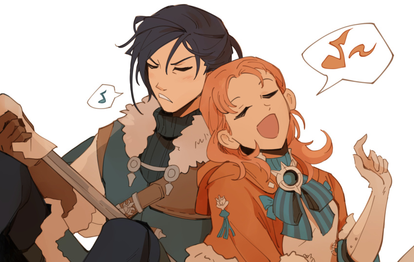 1boy 1girl annette_fantine_dominic black_hair bow capelet closed_eyes felix_hugo_fraldarius fire_emblem fire_emblem:_three_houses fur_trim highres holding holding_sword holding_weapon leaning_on_person long_hair long_sleeves music musical_note norue older orange_hair polishing red_hair singing source_request spoken_musical_note sword towel weapon