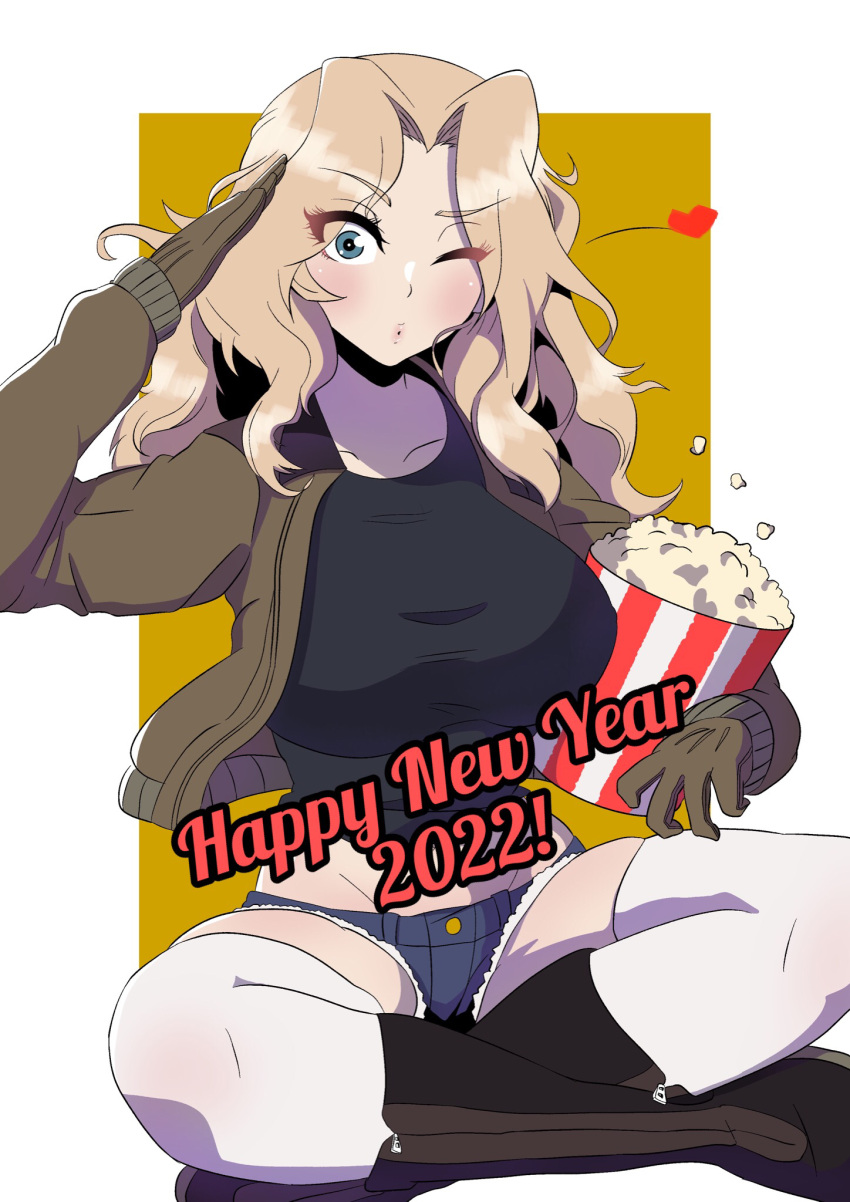 1girl 2022 ;o black_footwear black_gloves black_shirt blonde_hair blue_eyes blue_shorts boots brown_jacket commentary cutoffs denim denim_shorts english_text eyebrows_visible_through_hair food girls_und_panzer gloves hair_intakes happy_new_year heart highres holding indian_style jacket kay_(girls_und_panzer) long_hair long_sleeves looking_at_viewer midriff military military_uniform navel new_year one_eye_closed open_clothes open_jacket outside_border popcorn puckered_lips salute saunders_military_uniform shirt short_shorts shorts sitting solo tenpura32200 thighhighs uniform white_legwear