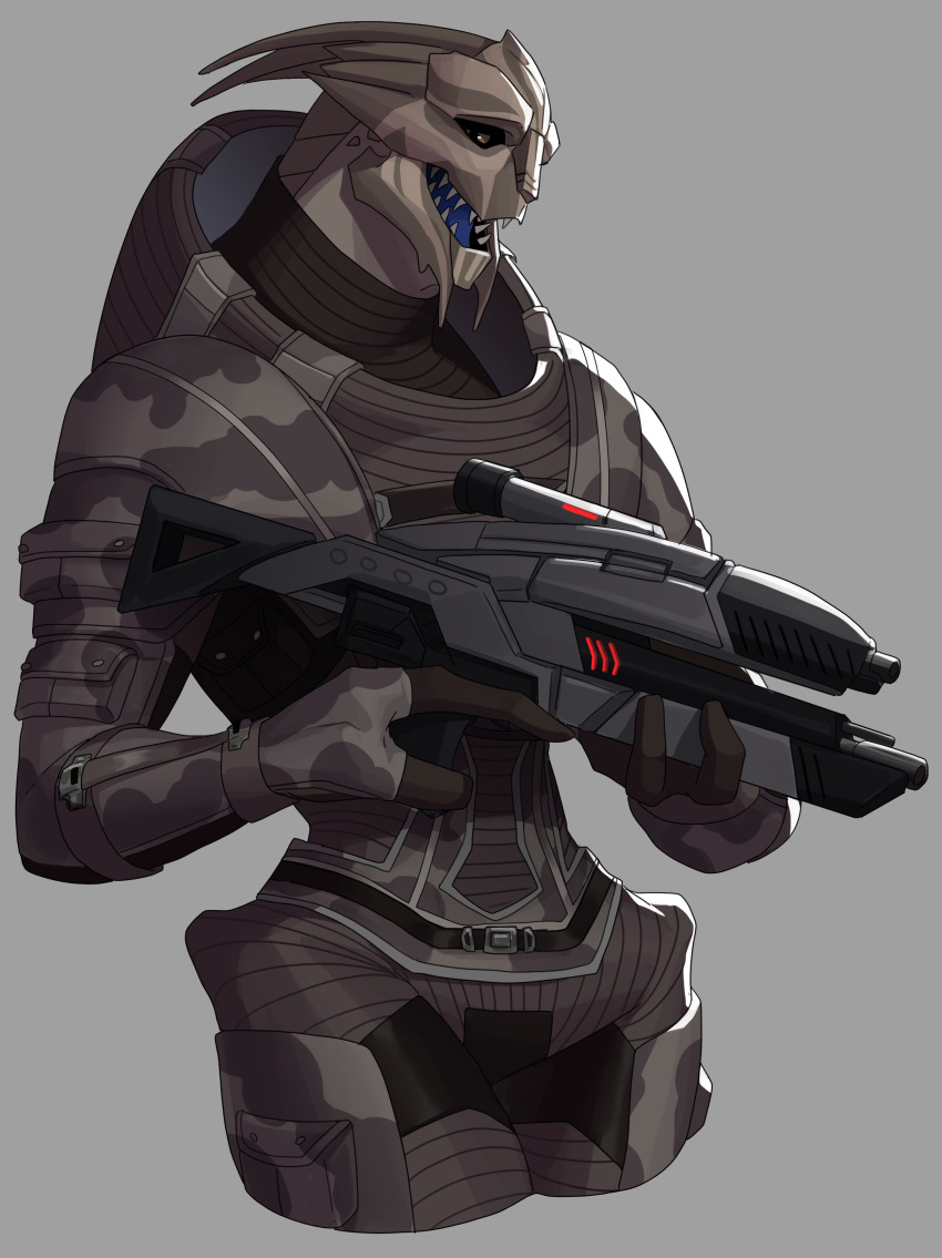 absurd_res alien armor assault_rifle blue_tongue bodypaint brown_eyes camo face_paint grizz_(mass_effect) gun hi_res holding_gun holding_object holding_weapon leafjuly looking_at_viewer male mass_effect open_mouth ranged_weapon rifle smile solo standing teeth tongue turian video_games weapon