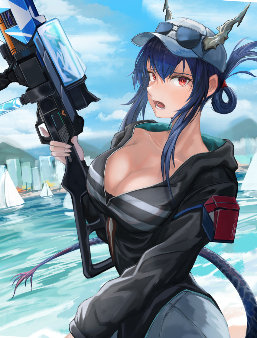 1girl absurdres arknights bangs baseball_cap black_jacket blue_hair boat breasts ch'en_(arknights) ch'en_the_holungday_(arknights) cleavage commentary dragon_horns dragon_tail eyewear_on_head folded_ponytail hair_between_eyes hand_up hat highres holding holding_water_gun horns jacket large_breasts long_hair long_sleeves looking_at_viewer nibiiro_(deep_4242) open_mouth outdoors red_eyes sidelocks solo sunglasses tail upper_body water water_gun watercraft white_headwear