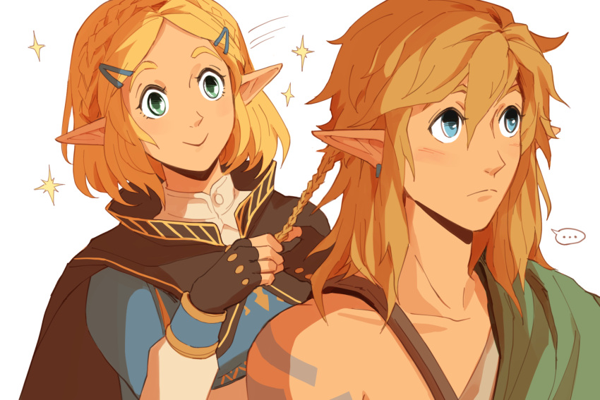 ... :&gt; blonde_hair blue_eyes blush braiding_hair cape desert_voe_set_(zelda) hair_ornament hairclip hairdressing highres link norue pointy_ears princess_zelda short_hair sparkle the_legend_of_zelda the_legend_of_zelda:_breath_of_the_wild the_legend_of_zelda:_breath_of_the_wild_2