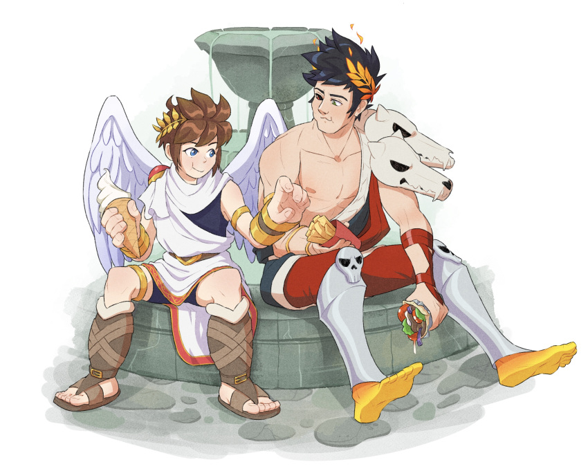 2boys :t angel_wings barefoot belt black_hair black_sclera blue_eyes brown_hair colored_sclera crossover eating food fountain french_fries greek_clothes green_eyes gyro hades_(game) heterochromia highres ice_cream ice_cream_cone jamie_loughran kid_icarus laurel_crown male_focus mismatched_sclera multiple_boys pit_(kid_icarus) red_eyes sandals shorts single_bare_shoulder sitting skull wings zagreus_(hades)