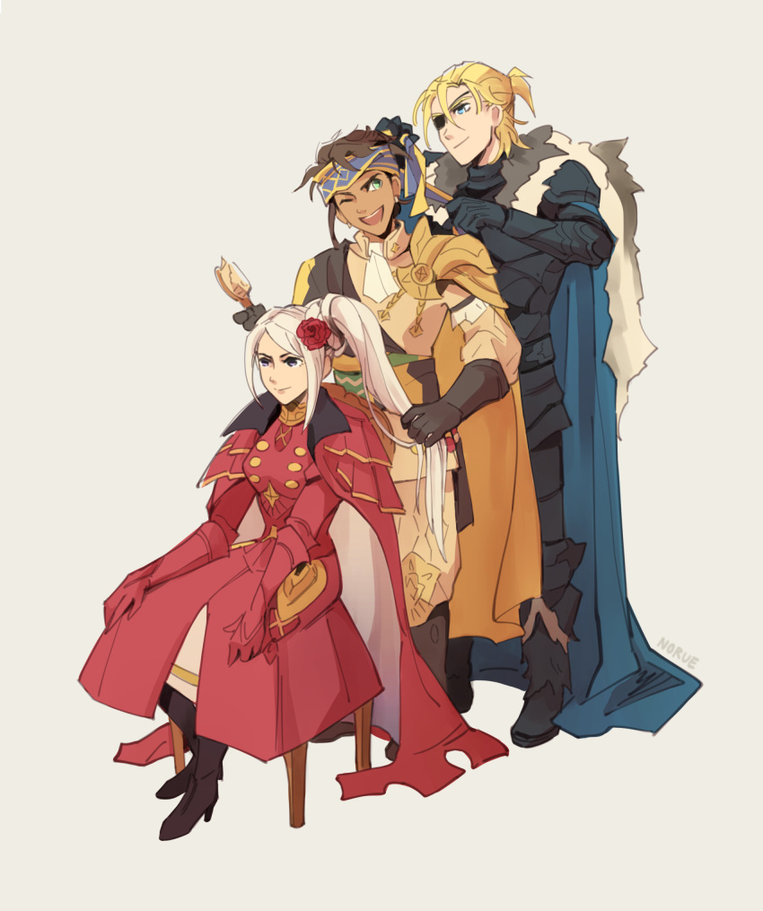 1girl 2boys absurdres alternate_hairstyle armor blonde_hair blue_eyes brown_hair cape claude_von_riegan dark-skinned_male dark_skin dimitri_alexandre_blaiddyd edelgard_von_hresvelg eyepatch fire_emblem fire_emblem:_three_houses flower fur-trimmed_cape fur_trim green_eyes hair_brush hair_flower hair_ornament headband highres long_hair multiple_boys norue older padded_shirt purple_eyes red_cape rose short_ponytail side_ponytail