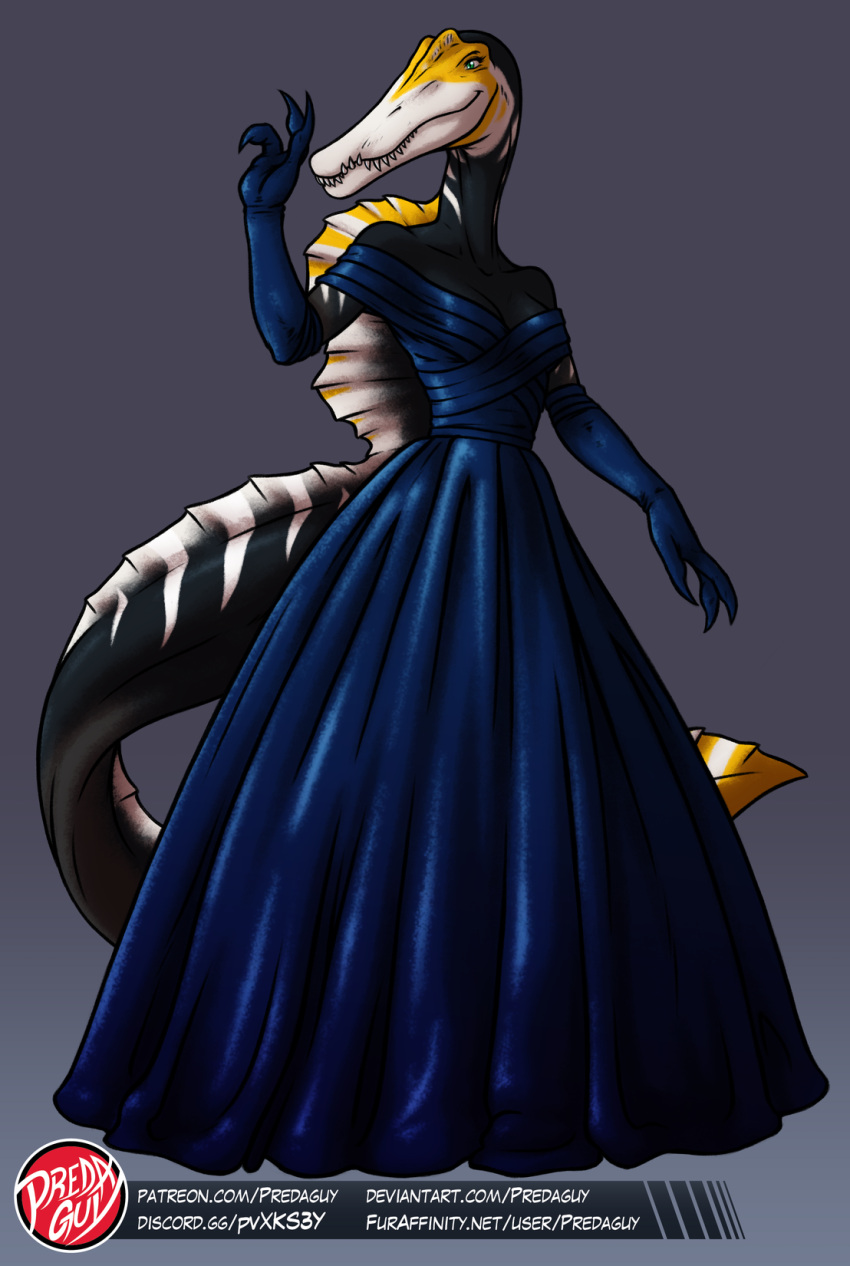 2020 3_fingers anthro arm_markings armwear artist_logo big_tail biped black_body blue_armwear blue_clothing blue_dress blue_elbow_gloves blue_eyes blue_gloves blue_handwear breasts cel_shading claws cleavage clothed clothing digital_drawing_(artwork) digital_media_(artwork) dinosaur dorsal_frill dress elbow_gloves eyelashes female finger_claws fingers formal_dress formal_wear frill_(anatomy) front_view gloves gradient_background grey_background handwear hi_res light lighting logo long_dress long_neck long_snout long_tail markings medium_breasts neck_markings non-mammal_breasts predaguy reptile scalie shaded sharp_teeth simple_background smile snout solo spinosaurid spinosaurus standing striped_body stripes tail_frill tail_markings teeth theropod thick_tail