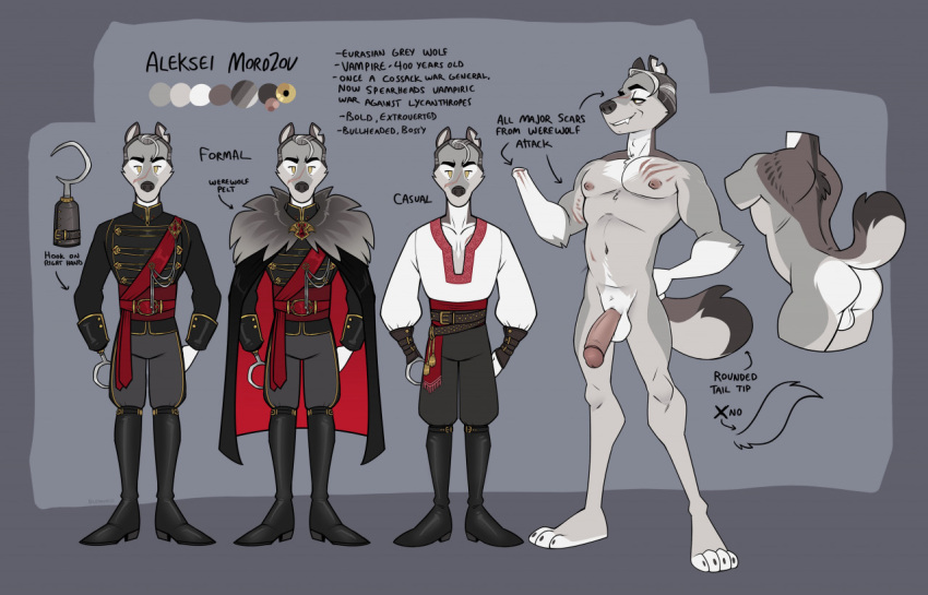 aleksei_(cadaverrdog) alternate_costume amputee anthro balls big_penis cadaverrdog canid canine canis disability fangs genitals grey_hair hair hook_hand huge_penis male mammal model_sheet musclegut penis scar smile smirk smug smug_face solo vampire wolf