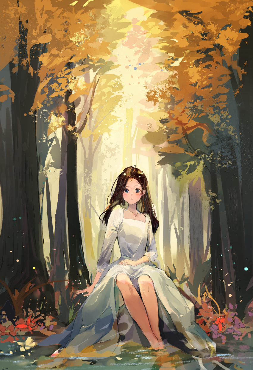 1girl absurdres arm_at_side autumn_leaves bangs black_hair blue_eyes blush breasts collarbone commentary day dress feet_out_of_frame flower forest hand_on_lap highres long_dress long_hair long_sleeves looking_at_viewer nature original outdoors parted_bangs parted_lips red_flower rokku sitting small_breasts soaking_feet solo tree water white_dress