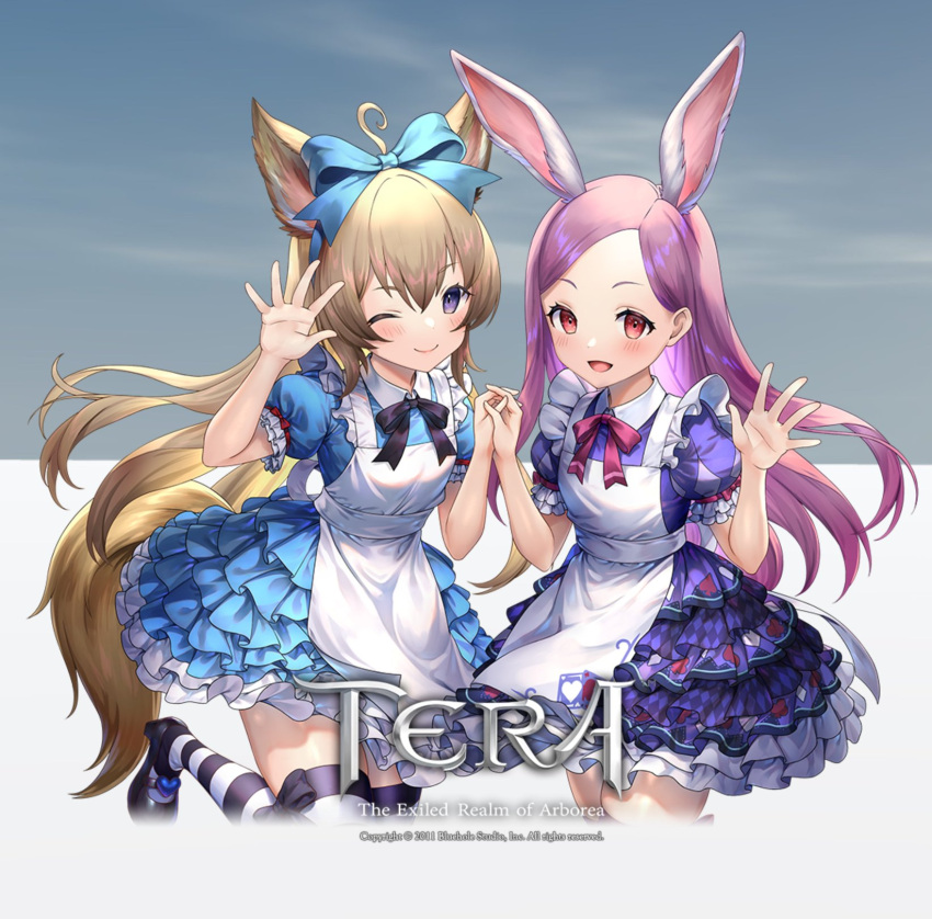 2girls ahoge alice_(alice_in_wonderland) alice_(alice_in_wonderland)_(cosplay) alice_in_wonderland animal_ear_fluff animal_ears apron arm_up artist_request black_footwear blue_dress blue_eyes bow brown_hair copyright_name cosplay dog_ears dog_girl dog_tail dress elin forehead frilled_dress frills hair_bow high_heels highres holding_hands interlocked_fingers leg_up long_hair mary_janes multiple_girls official_art one_eye_closed open_mouth playing_card_print purple_dress purple_eyes purple_hair rabbit_ears rabbit_girl ribbon shoes short_dress short_sleeves smile standing standing_on_one_leg striped striped_legwear tail tera_online thighhighs waving white_apron