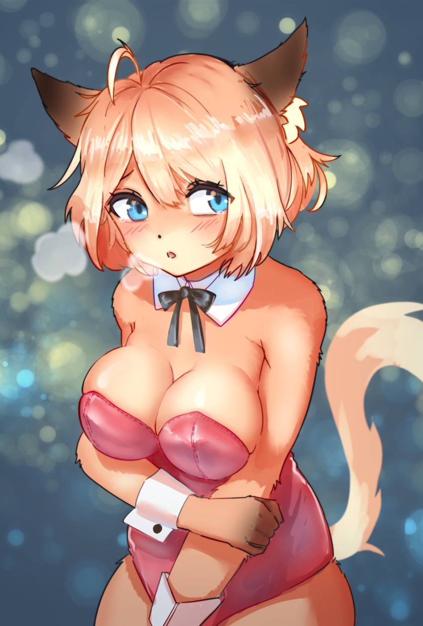 1girl ahoge blonde_hair blue_eyes breasts cleavage eyebrows_visible_through_hair furry furry_female highres large_breasts leotard looking_at_viewer momomofura original parted_lips red_leotard short_hair solo wrist_cuffs