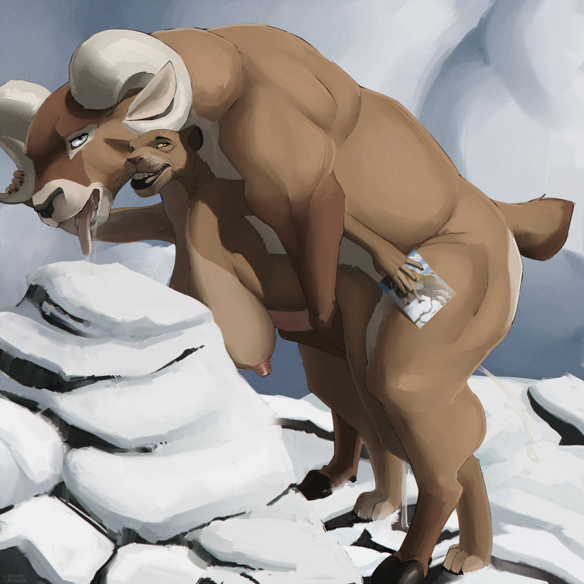 akkusky anthro anthro_on_feral bestiality big_breasts bodily_fluids bovid breasts bulge caprine cock_bulge cum cum_inside drooling duo felid female feral genital_fluids hi_res horn lion male male/female mammal messy mountain muscular nipples orgasm pantherine ram_(jelomaus) saliva size_difference snow tongue tongue_out