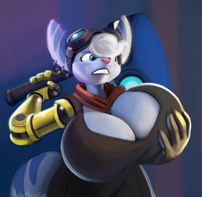 anthro big_breasts blue_eyes bodysuit breasts cleavage_cutout clenched_teeth clothing cybernetic_arm cybernetic_limb eyewear eyewear_on_head female fur goggles goggles_on_head grey_body grey_fur hand_on_breast head_tuft hi_res huge_breasts lombax mammal markings ratchet_and_clank rivet_(ratchet_and_clank) robomax scarf signature skinsuit solo sony_corporation sony_interactive_entertainment teeth tight_clothing tuft video_games weapon
