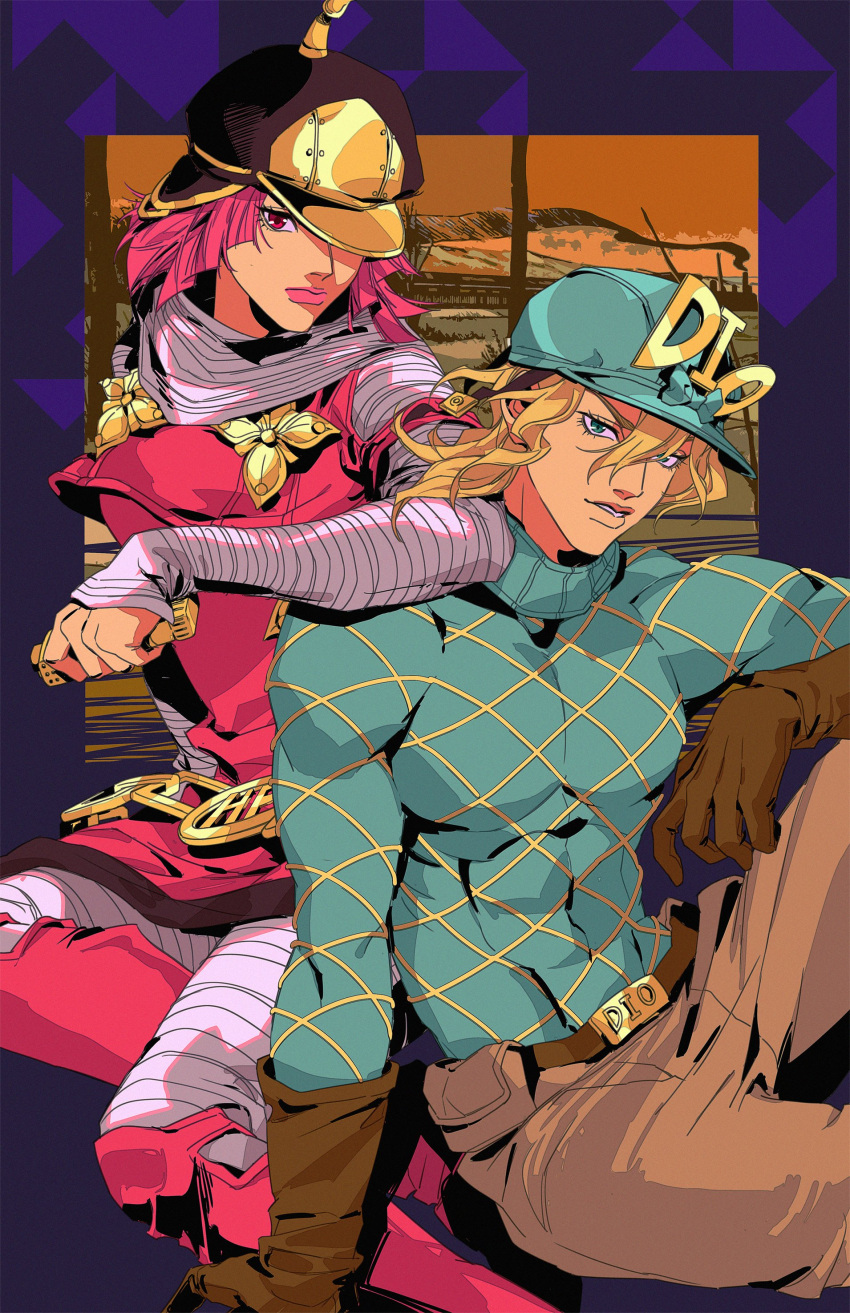 1boy 1girl absurdres al_(ahr) argyle argyle_sweater blonde_hair capelet diego_brando gloves hat helmet highres hot_pants_(sbr) jojo_no_kimyou_na_bouken male_focus pickelhaube pink_hair red_hair steel_ball_run sweater turtleneck