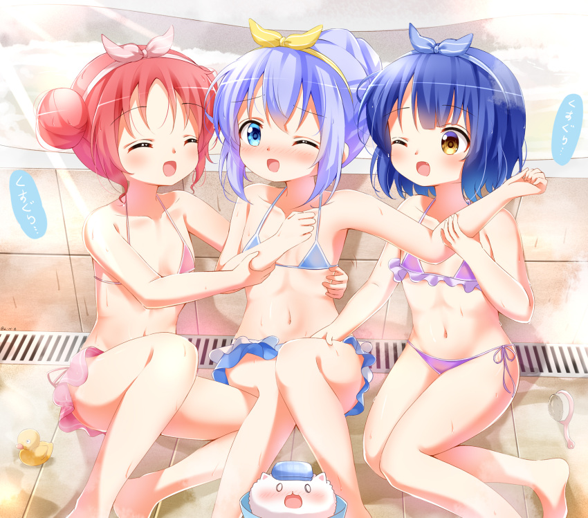 3girls bangs bare_legs bare_shoulders bathtub bikini blue_bikini blue_eyes blue_hair bow brush bucket chimame-tai closed_eyes collarbone commentary_request double_bun eyebrows_visible_through_hair flat_chest frilled_bikini frills gochuumon_wa_usagi_desu_ka? hair_bow highres jouga_maya kafuu_chino multiple_girls natsu_megumi navel on_floor one_eye_closed open_mouth painter-lhb purple_bikini red_bikini red_hair short_hair sidelocks siting smile steam stomach swimsuit tippy_(gochiusa) yellow_eyes