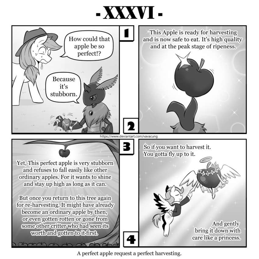 1:1 animate_inanimate antennae_(anatomy) apple applejack_(mlp) bodily_fluids clothing comic cowboy_hat dialogue earth_pony english_text equid equine female freckles friendship_is_magic hat headgear headwear hi_res horse mammal monochrome my_little_pony pegasus plant pony queen_chrysalis_(mlp) saliva sweat text tree vavacung wings