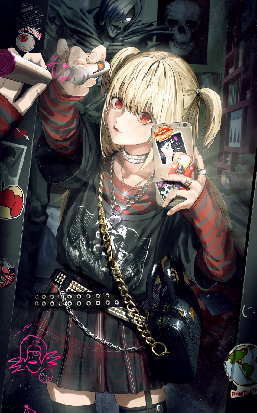 1girl absurdres amane_misa bangs black_skirt blonde_hair choker cross death_note earrings gothic_lolita highres holding holding_phone indoors jewelry lolita_fashion long_hair looking_at_viewer mirror necklace ossan_zabi_190 phone red_eyes reflection rem_(death_note) shinigami skirt smile thighhighs two_side_up
