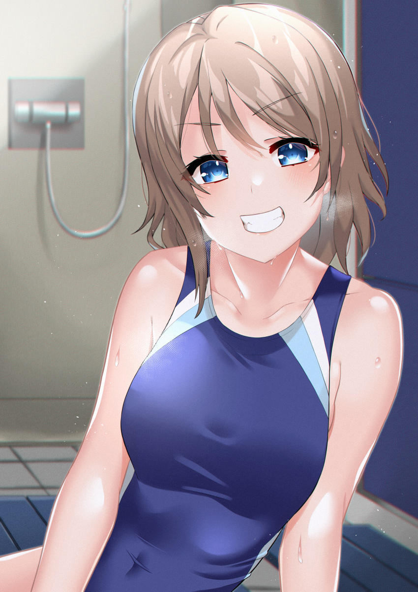 1girl absurdres bathroom blue_eyes blue_swimsuit blush breasts breath collarbone competition_school_swimsuit competition_swimsuit covered_navel grey_hair highres indoors large_breasts locker locker_room looking_at_viewer love_live! love_live!_sunshine!! one-piece_swimsuit restroom school_swimsuit short_hair shower_(place) sitting slope_(check238) smile solo swimsuit upper_body watanabe_you