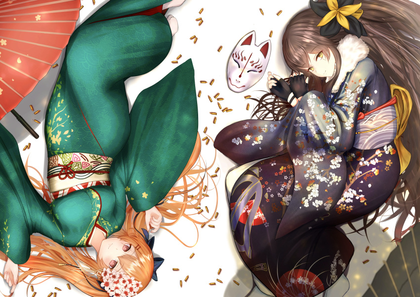 1girl absurdres ammunition bangs black_bow black_gloves black_kimono blue_ribbon bow breasts brown_eyes brown_hair bullet closed_mouth commentary_request eyebrows eyebrows_visible_through_hair fingerless_gloves floral_print flower fox_mask from_side full_body fur-trimmed_kimono fur_trim girls'_frontline gloves green_kimono grey_hair guchagucha gun h&amp;k_ump h&amp;k_ump9 hair_bow hair_flower hair_ornament hair_ribbon hairclip highres japanese_clothes kimono legs_together long_hair long_sleeves looking_at_viewer lying mask medium_breasts obi oil-paper_umbrella on_back on_side own_hands_together ponytail red_umbrella ribbon sash scar scar_across_eye side_ponytail sidelocks smile socks solo submachine_gun tabi twintails umbrella ump45_(girls'_frontline) ump9_(girls'_frontline) weapon white_legwear wide_sleeves yellow_bow yellow_eyes