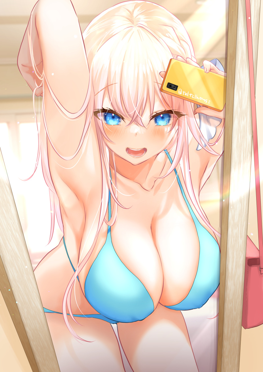 1girl absurdres armpits arms_up bag bangs bikini blonde_hair blue_bikini blue_eyes breasts cellphone cleavage collarbone commentary_request crossed_bangs eyebrows_visible_through_hair hair_between_eyes handbag hanging_breasts highres hina_kurisu holding holding_phone large_breasts long_hair lower_teeth mirror open_mouth phone reflection selfie smartphone solo standing swimsuit teeth teltelhousi thigh_gap unreal_night_girls upper_teeth