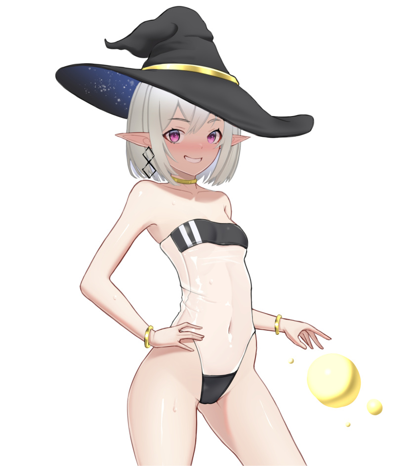 1girl absurdres bangs black_headwear black_swimsuit blush bob_cut breasts choker collarbone commentary contrapposto covered_navel earrings english_commentary gold_bracelet gold_choker grin gris_swimsuit hand_on_hip hat highleg highleg_swimsuit highres jewelry legs_apart looking_at_viewer manta_art meme_attire navel nose_blush original pointy_ears purple_eyes see-through see-through_swimsuit short_hair simple_background small_breasts smile solo star_(sky) strapless swimsuit two-sided_fabric white_background white_hair witch_hat