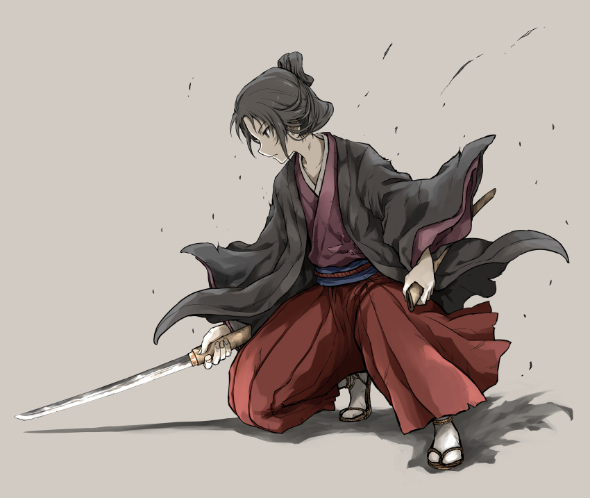 1girl absurdres bangs black_hair closed_mouth emma_the_gentle_blade from_side grey_background hakama hakama_pants highres holding holding_sword holding_weapon japanese_clothes katana kimono long_sleeves pants profile red_hakama sekiro:_shadows_die_twice shimoda_masaya short_hair solo sword unsheathed updo weapon wide_sleeves