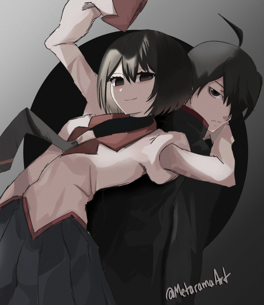 1boy 1girl ahoge araragi_koyomi arm_around_neck arm_up arms_at_sides back-to-back bangs black_eyes black_hair black_jacket black_necktie black_skirt black_undershirt bob_cut breasts dress_shirt empty_eyes eyelashes floating_necktie gakuran gradient gradient_background grey_background hair_between_eyes hair_over_one_eye highres jacket juliet_sleeves leaning_back light_frown light_smile long_sleeves looking_at_viewer metarama monogatari_(series) naoetsu_high_school_uniform necktie oshino_ougi pink_shirt pleated_skirt puffy_sleeves school_uniform shirt short_hair skirt sleeves_past_fingers sleeves_past_wrists small_breasts smile the_darkness_(monogatari) turtleneck twitter_username upper_body