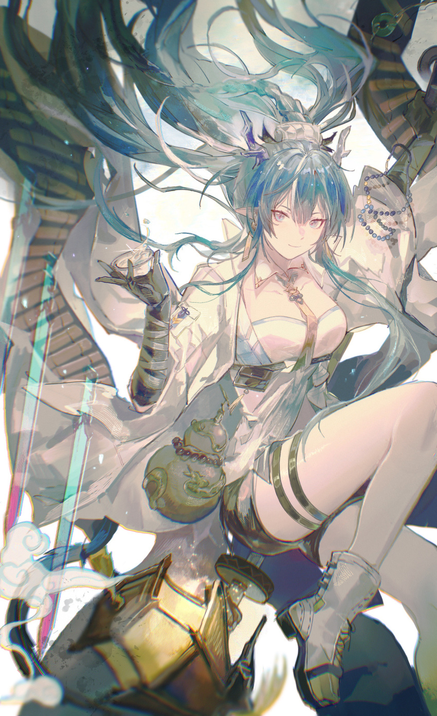 1girl absurdres ankle_boots arknights bangs black_gloves black_shorts blue_eyes blue_hair boots braid breasts cleavage closed_mouth coat cup dragon_girl dragon_horns dragon_tail earrings elbow_gloves eyebrows_visible_through_hair gloves gourd highres holding holding_cup horns jewelry lantern ling_(arknights) long_hair looking_at_viewer multicolored_hair open_clothes open_coat pointy_ears pouch shirt short_shorts shorts simple_background smile solo streaked_hair tail tharsis46150 thigh_strap two-tone_hair underbust very_long_hair white_background white_coat white_footwear white_hair white_shirt