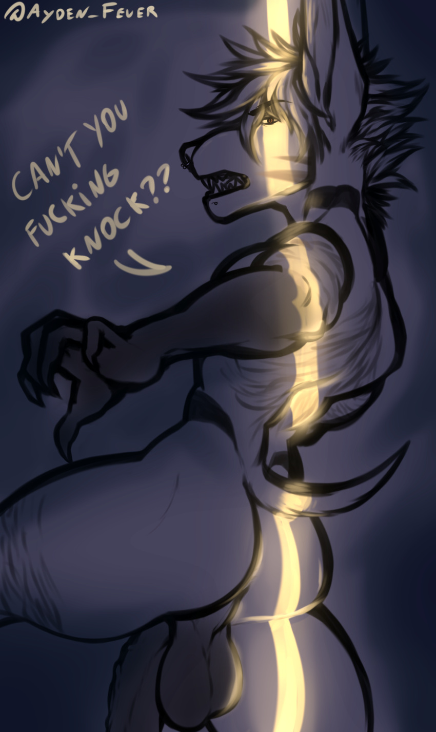 absurd_res angry anthro anubian_jackal ayden_(character) ayden_feuer balls big_balls big_butt big_ears big_penis butt canid canine canis dark_body dark_skin genitals hi_res jackal light looking_at_viewer male mammal markings monster muscular muscular_anthro penis piercing small_tail solo tattoo teeth teeth_showing text vein veiny_penis