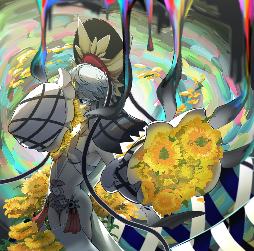 1girl bangs black_headwear black_sclera blue_eyes bouquet braid breasts collarbone colored_sclera colored_skin cowboy_shot eyebrows_visible_through_hair fate/grand_order fate_(series) flower grey_hair grey_skin groin hand_up highres holding holding_bouquet long_hair long_sleeves multicolored_background navel revealing_clothes riner_(rinerr_r) small_breasts solo sunflower van_gogh_(fate) wide_sleeves