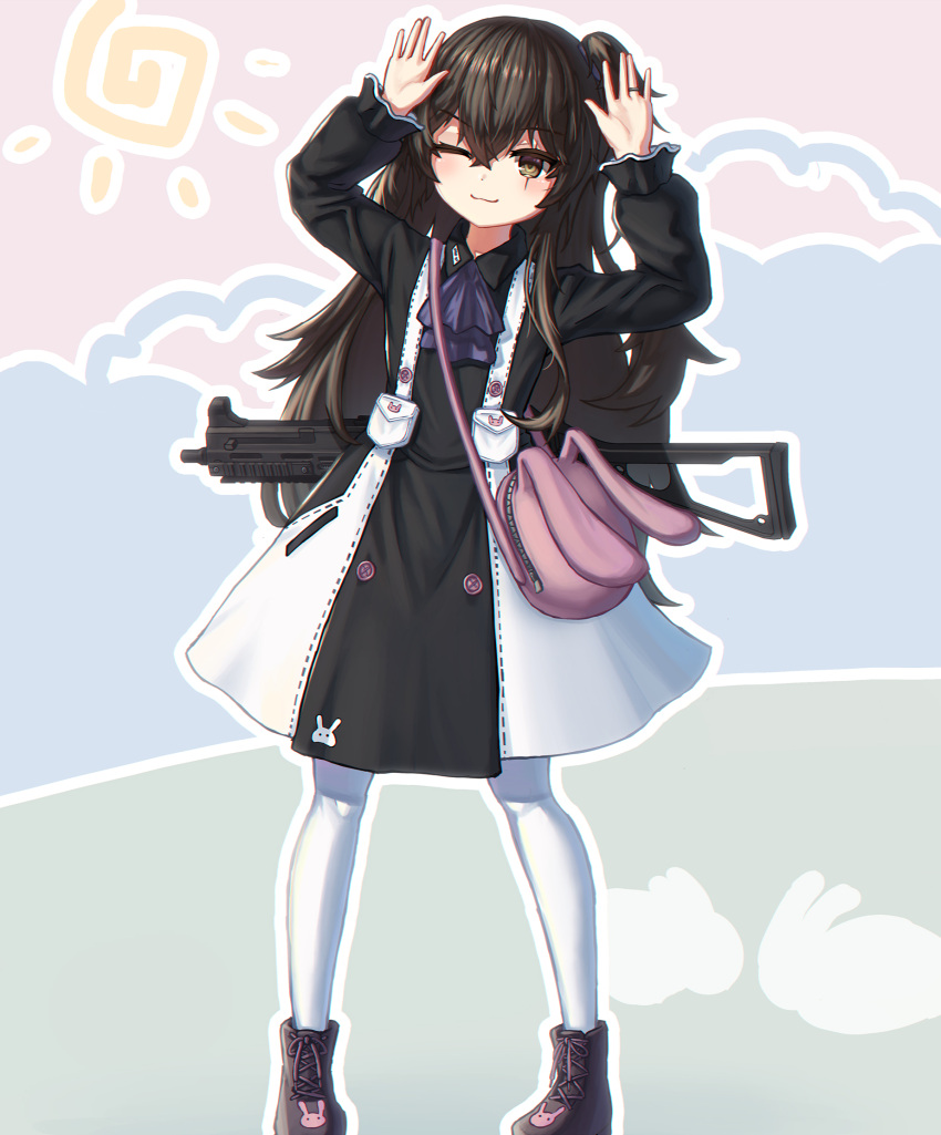 1girl ;) animal_bag arms_up bag bangs black_dress black_footwear black_hair boots brown_eyes closed_mouth commentary cross-laced_footwear dress eyebrows_visible_through_hair girls'_frontline h&amp;k_ump45 hair_between_eyes highres lace-up_boots long_sleeves object_namesake one_eye_closed one_side_up pantyhose puffy_long_sleeves puffy_sleeves scar scar_on_face shoulder_bag smile solo stratosphere_(coom1017) sun_symbol ump45_(girls'_frontline) weapon weapon_on_back white_legwear