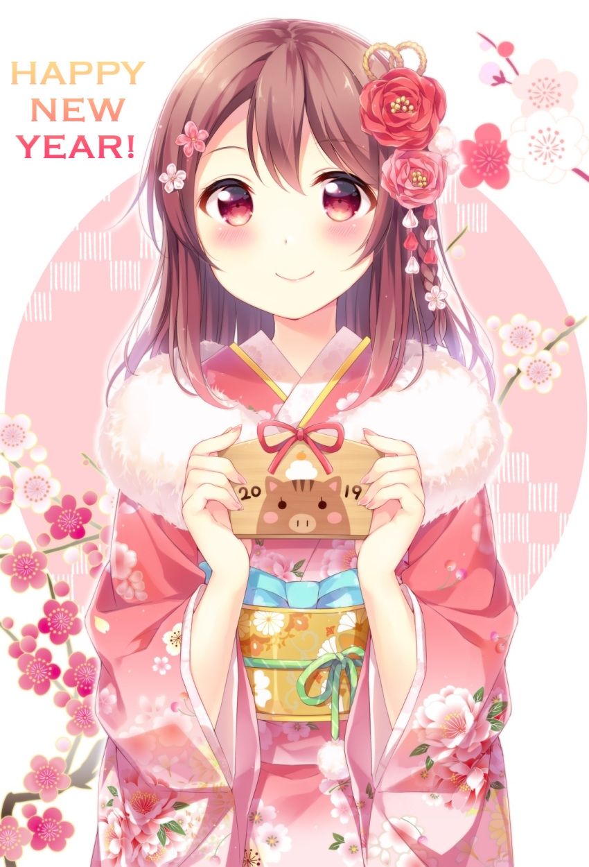1girl 2019 bangs braid brown_eyes brown_hair chinese_zodiac commentary_request ema floral_background floral_print flower fur-trimmed_kimono fur_trim hair_flower hair_ornament happy_new_year hard_translated hazuki_(sutasuta) highres holding japanese_clothes kanzashi kimono long_hair long_sleeves looking_at_viewer new_year obi original pink_flower pink_kimono red_flower sash side_braid solo translated upper_body year_of_the_pig