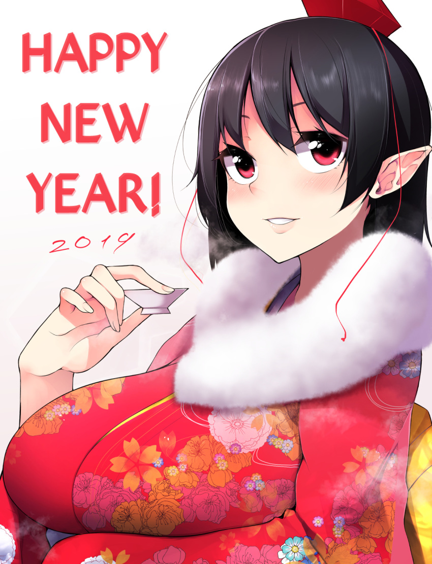 1girl 2019 alternate_costume bangs black_hair breasts cup fingernails floral_print fur_collar hard_translated hat highres holding japanese_clothes kimono large_breasts lips looking_up new_year obi parted_lips pointy_ears red_eyes red_hat red_kimono sakazuki sash shachi_kamaboko shameimaru_aya short_hair simple_background smile solo tokin_hat touhou translated white_background