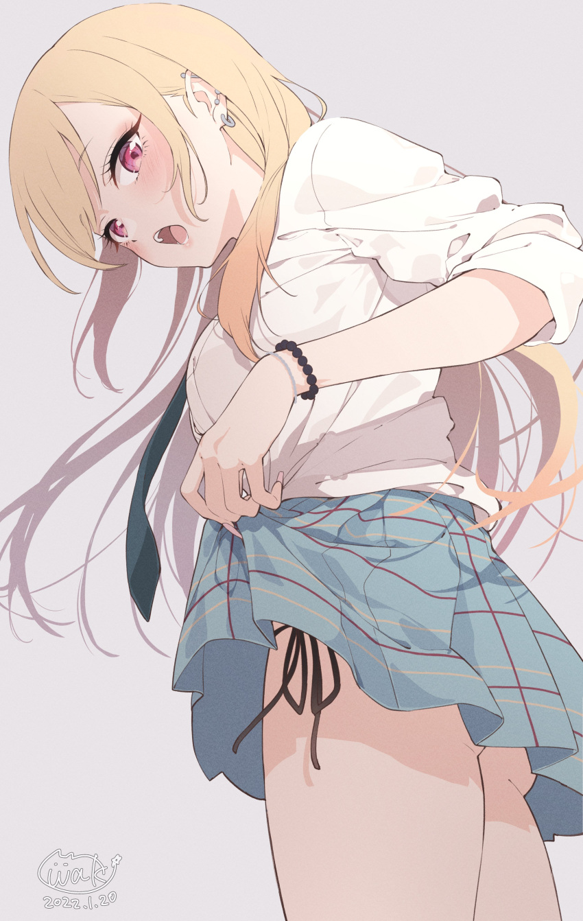 1girl absurdres bangs black_necktie black_panties blonde_hair blue_skirt blush breasts clothes_lift commentary dated ear_piercing earrings eyebrows_visible_through_hair from_below from_side grey_background highres jewelry kitagawa_marin lifted_by_self long_hair long_sleeves looking_at_viewer looking_down looking_to_the_side medium_breasts necktie neki_(wakiko) open_mouth panties piercing pleated_skirt purple_eyes shirt side-tie_panties signature simple_background skirt skirt_lift solo sono_bisque_doll_wa_koi_wo_suru underwear very_long_hair white_shirt