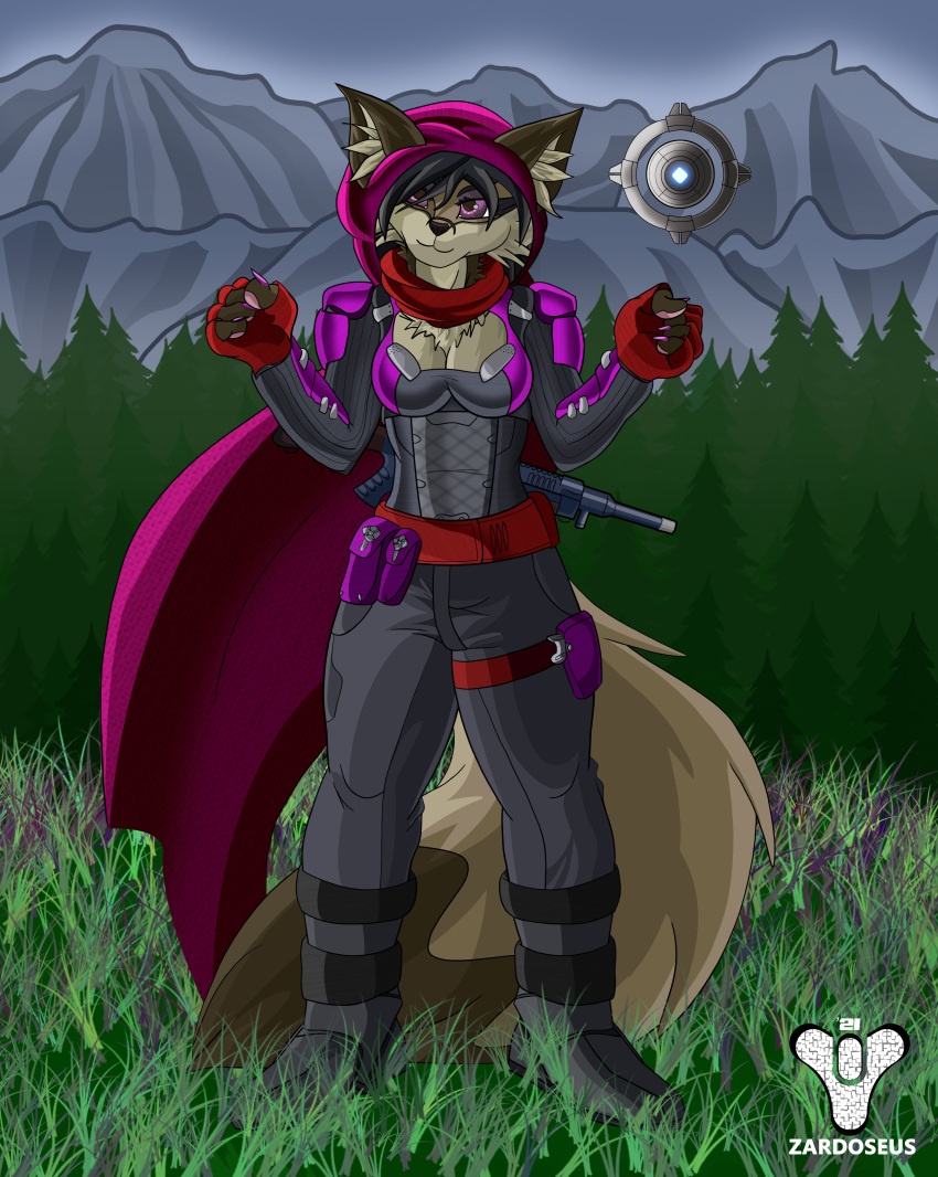 absurd_res anthro armor assault_rifle big_breasts black_body black_fur black_hair blush boots breast_squish breasts canid canine canis claws cloak clothed clothing cloud destiny_(video_game) destiny_2 detailed_background digital_media_(artwork) eyelashes female footwear forest fox fur ghost_(destiny) gloves grass grey_fox gun hair handwear hi_res holding_object holding_weapon hood horny_(disambiguation) huge_breasts kyla_gray_(zardoseus) looking_at_viewer mammal mountain outside plant purple_eyes ranged_weapon rifle sky smile solo squish stare text tight_clothing tight_fit topwear tree urocyon video_games weapon white_body white_fur zardoseus