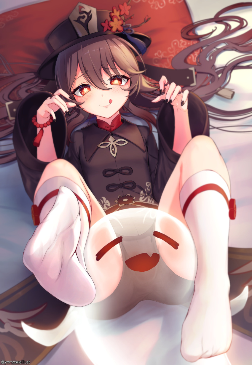 1girl :p absurdres bead_bracelet beads bed_sheet black_headwear black_nails black_shorts blush bracelet chinese_clothes claw_pose feet_up genshin_impact ghost half-closed_eyes highres hu_tao_(genshin_impact) jewelry long_sleeves looking_at_viewer lying on_back on_bed pillow red_eyes short_shorts shorts socks soles solo sue_(frederica--bernkastel) symbol-shaped_pupils tongue tongue_out twintails white_legwear wide_sleeves