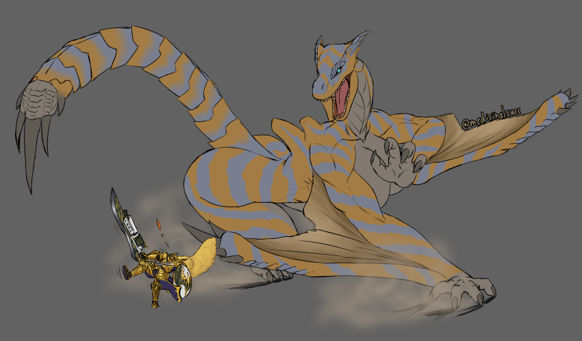 absurd_res anthro armor big_breasts big_tail blue_eyes breasts capcom claws duo female flying_wyvern hi_res male medicinal_succ monster_hunter reptile scale_knight_(medicinalsucc) scalie stripes tigrex video_games wide_hips wings