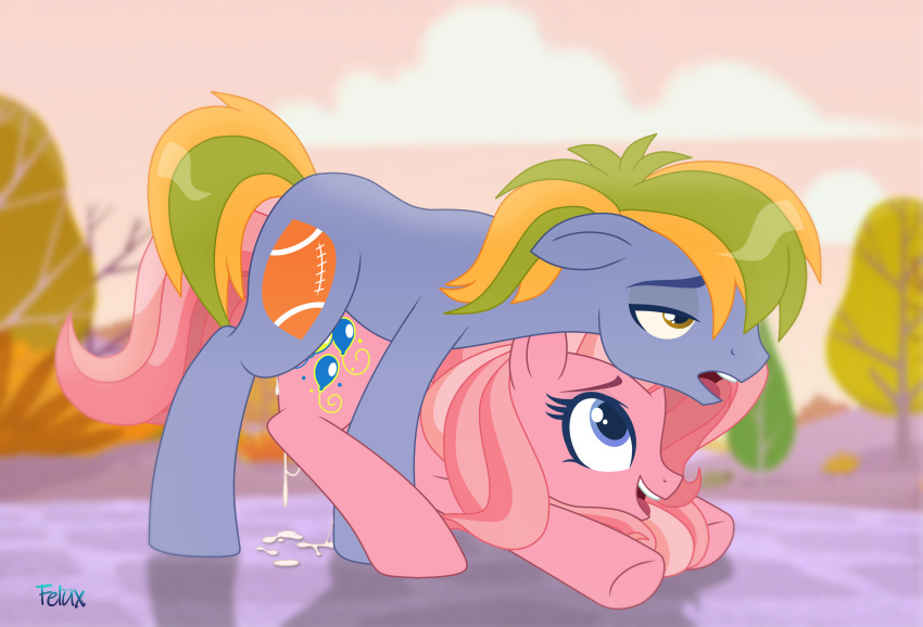 absurd_res blue_body blue_eyes blue_fur bodily_fluids character_request cum cutie_mark doggystyle felux_(artist) female friendship_is_magic from_behind_position fur genital_fluids green_hair hair hasbro hi_res male male/female multicolored_hair my_little_pony my_little_pony_(2009) pink_body pink_fur pink_hair pinkie_pie_(g3) pinkie_pie_(mlp) plant sex smile tree yellow_body yellow_eyes yellow_fur