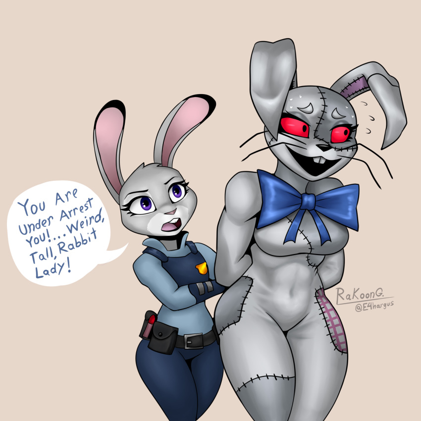 1:1 anthro arrest arrested bodily_fluids bow_tie breasts clothing costume crossover dialogue disney duo e4hargus eyelashes female five_nights_at_freddy's hands_behind_back hi_res human judy_hopps lagomorph leporid mammal navel_outline patch_(fabric) police police_uniform purple_eyes rabbit red_eyes red_sclera scottgames seam_(sewing) simple_background size_difference smile speech_bubble stitch_(sewing) sweat text uniform vanny_(fnaf) video_games whiskers wide_hips zootopia