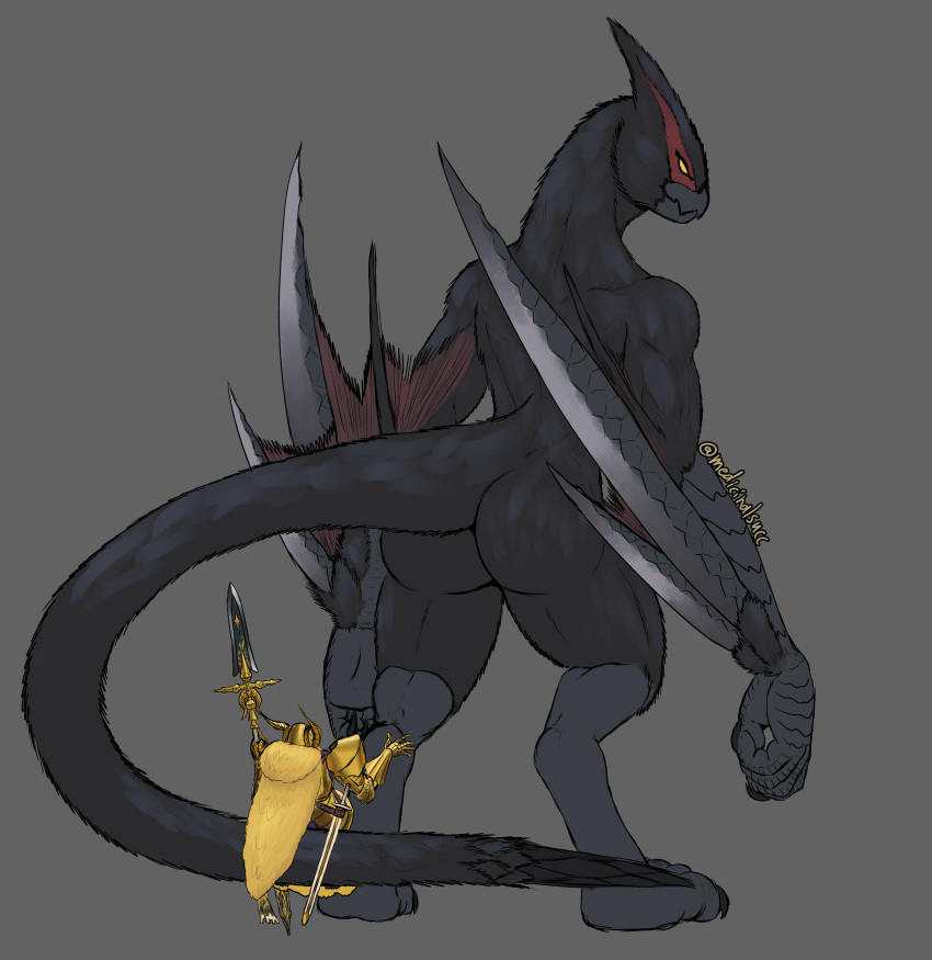 absurd_res anthro armor big_tail bladed_wings butt capcom duo female flying_wyvern hi_res male medicinal_succ monster_hunter nargacuga scale_knight_(medicinalsucc) talons video_games wings