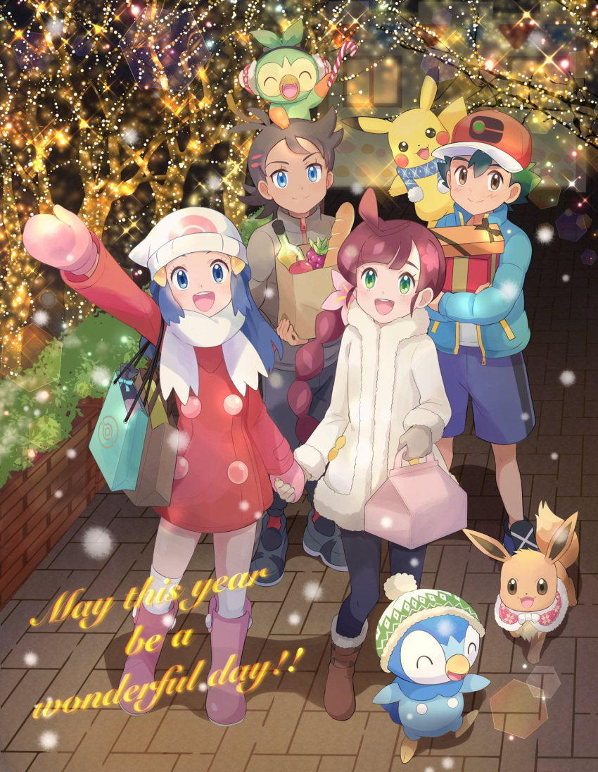 2boys 2girls :d arm_up ash_ketchum bag baguette beanie blue_eyes boots bread brown_footwear chloe_(pokemon) closed_mouth coat commentary_request dawn_(pokemon) eevee eyelashes food goh_(pokemon) grookey hat highres holding_hands lens_flare multiple_boys multiple_girls night open_mouth outdoors over-kneehighs paper_bag pico._(pico_bx) pikachu pink_footwear pink_mittens piplup pokemon pokemon_(anime) pokemon_(creature) pokemon_swsh_(anime) red_coat smile standing teeth thighhighs tongue upper_teeth white_headwear white_legwear