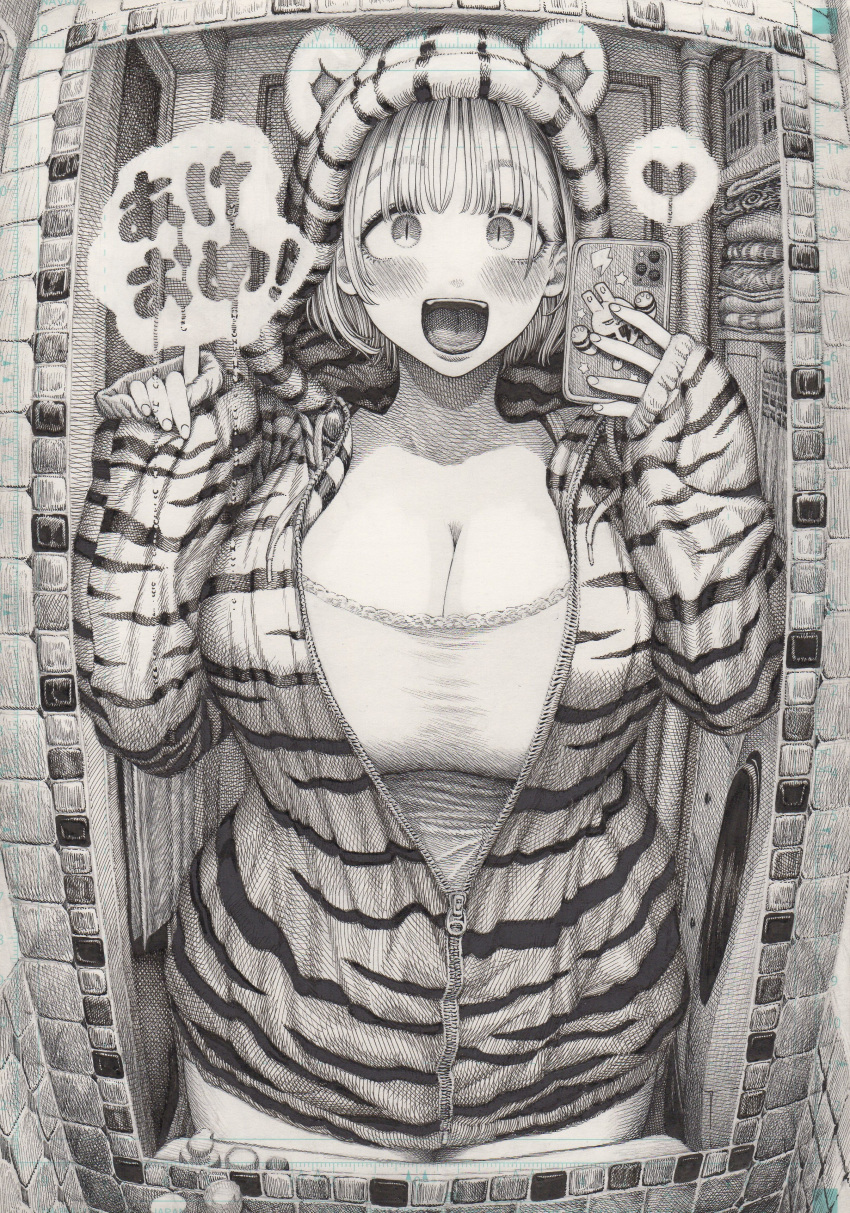 1girl absurdres animal_ears animal_print bangs blunt_bangs blush breasts cellphone character_print cleavage cowboy_shot door elekid greyscale heart highres holding holding_phone hood hoodie huge_breasts imomonono indoors long_sleeves looking_at_viewer mirror monochrome open_mouth original phone pokemon reflection sketch sleeves_past_wrists slit_pupils smartphone smartphone_case solo tank_top tiger_ears tiger_print tongue translation_request