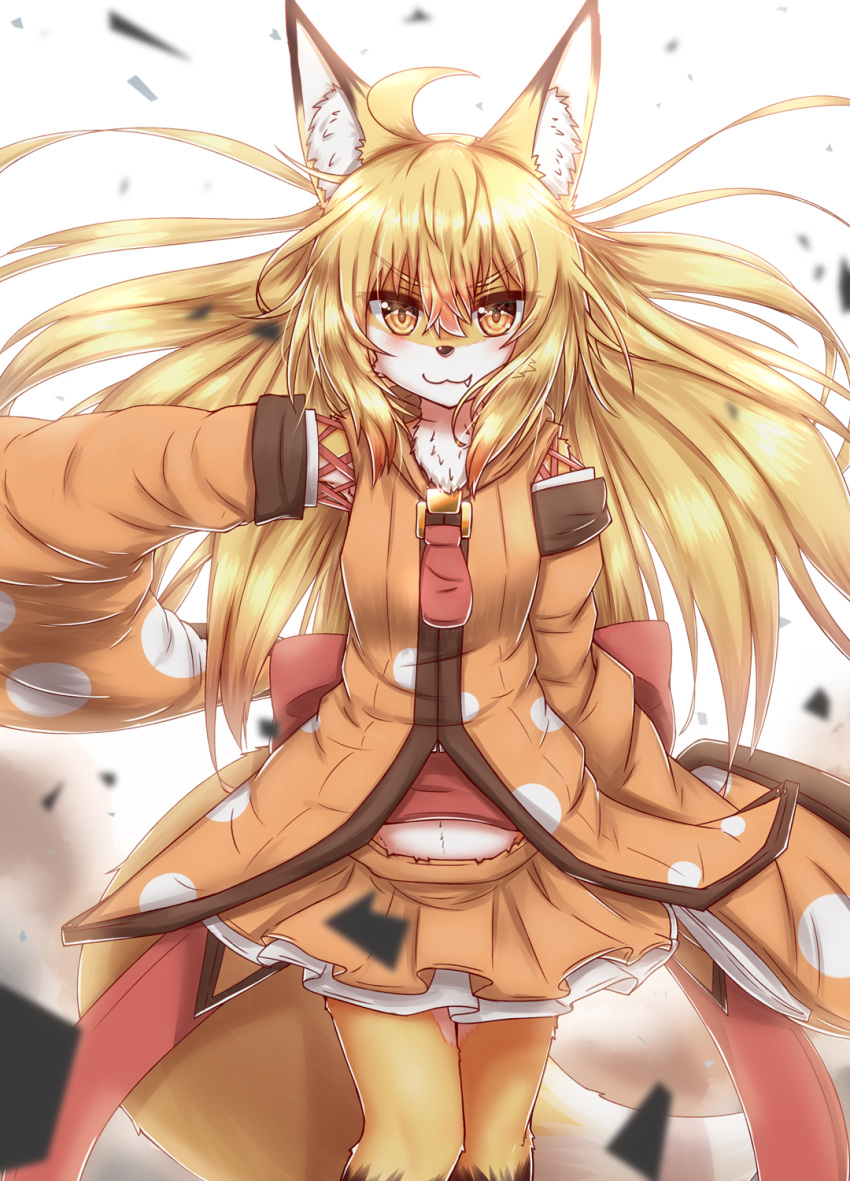 1girl ahoge animal_ear_fluff animal_ears brown_fur confetti detached_sleeves eyebrows_visible_through_hair fang fox_ears fox_girl furry furry_female hair_between_eyes highres horokusa_(korai) korai_(horokusa) long_hair long_sleeves looking_at_viewer midriff orange_skirt original polka_dot simple_background skirt smile solo standing white_background white_fur