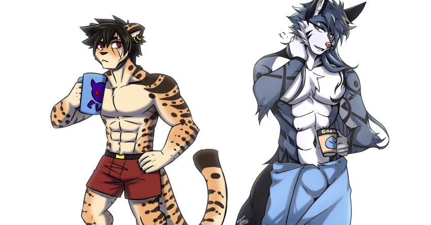 abs anthro arm_tattoo bad_boy beverage breakfast bulge canid canine canis cheetah chest_tattoo clothing coffee coffee_mug duo felid feline friends good_morning hi_res juniorjosi male male/male mammal midnight_blue muscular muscular_anthro muscular_male pose tattoo towel towel_only underwear wolf