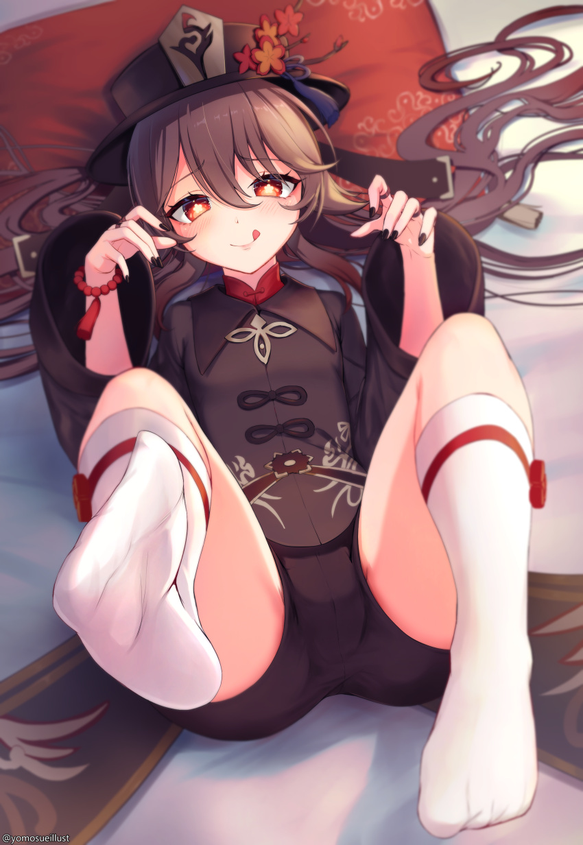 1girl :p absurdres bead_bracelet beads bed_sheet black_headwear black_nails black_shorts blush bracelet chinese_clothes claw_pose feet_up genshin_impact half-closed_eyes highres hu_tao_(genshin_impact) jewelry long_sleeves looking_at_viewer lying on_back on_bed pillow red_eyes short_shorts shorts socks soles solo sue_(frederica--bernkastel) symbol-shaped_pupils tongue tongue_out twintails white_legwear wide_sleeves